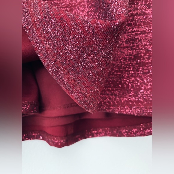 Betsy & Adam's Off-The-Shoulder Glitter Formal Wedding Prom Homecoming Red Dress - Picture 8 of 10